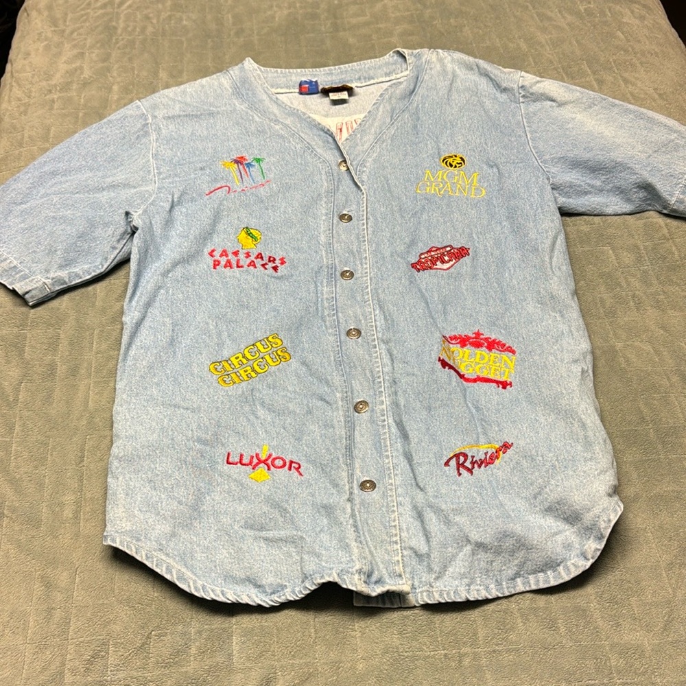 Vintage Las Vegas Denim Shirt, Hotel Patches, Embroidered, Button-Down, Size M